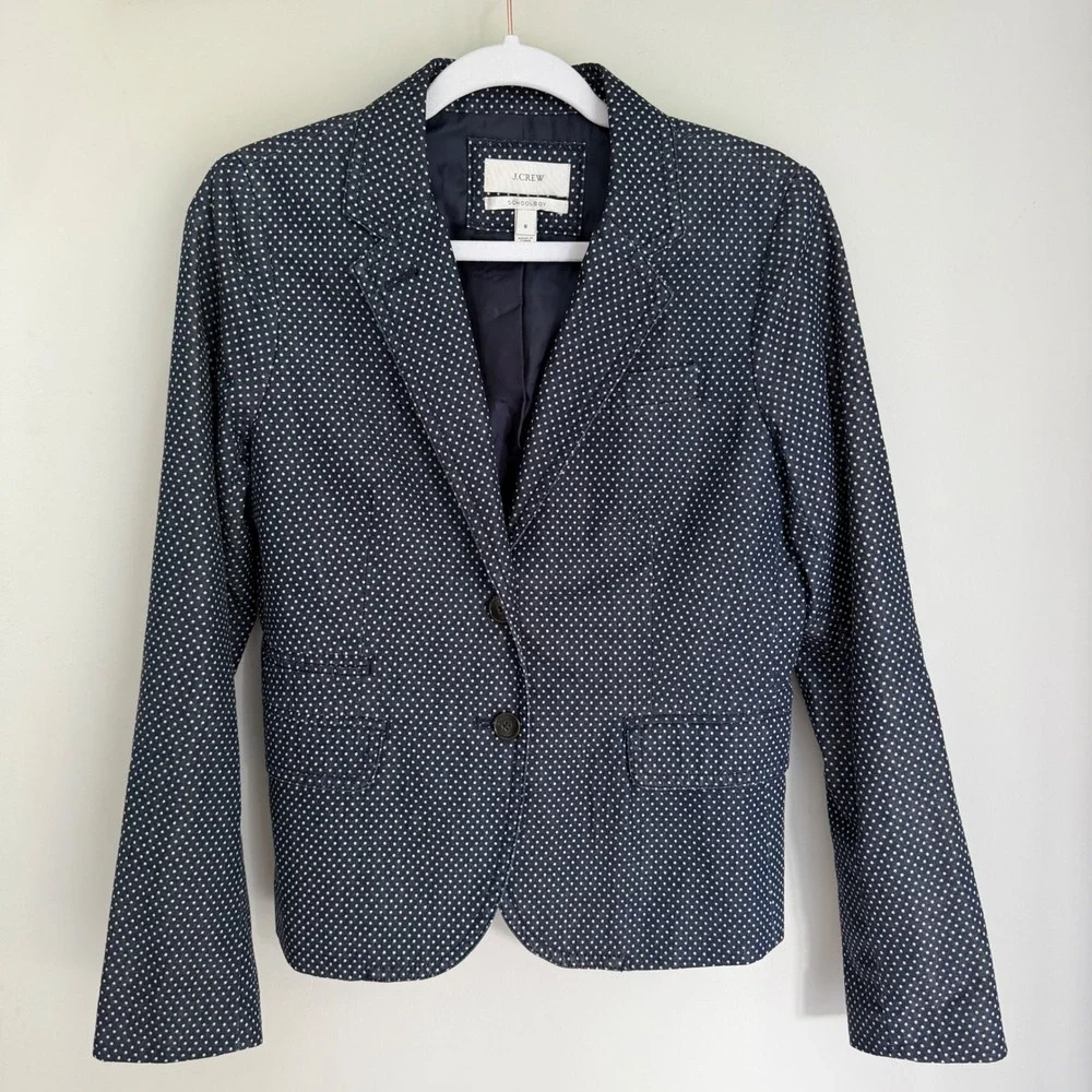J. Crew Women's Schoolboy Blazer Blue White Polkadot Preppy Academia Cotton SZ 6